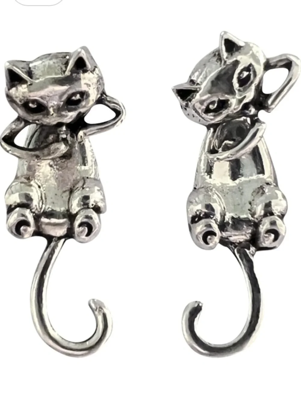 Fashion Jewelry Silver Cat Dangle Earrings - Cute Curled Tail